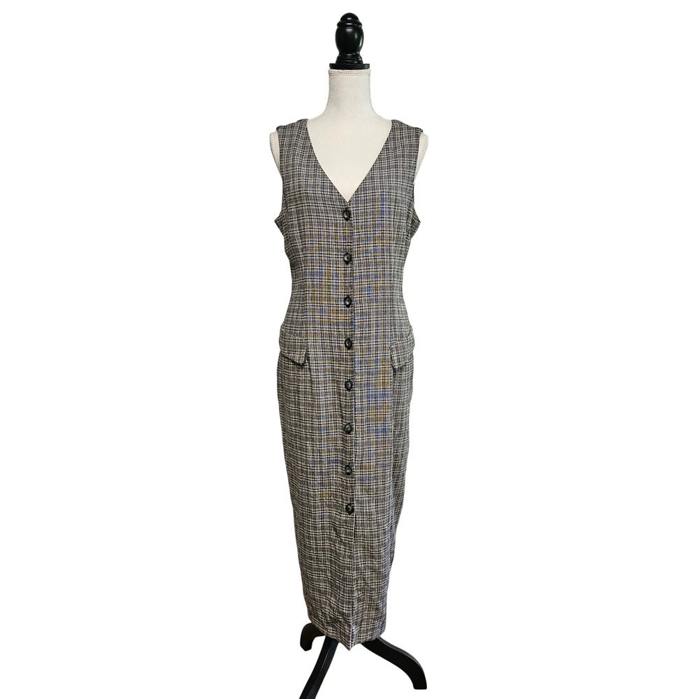 80s Black Gray Plaid Button Front Tie-Back Dress Size 14 Preppy Academia